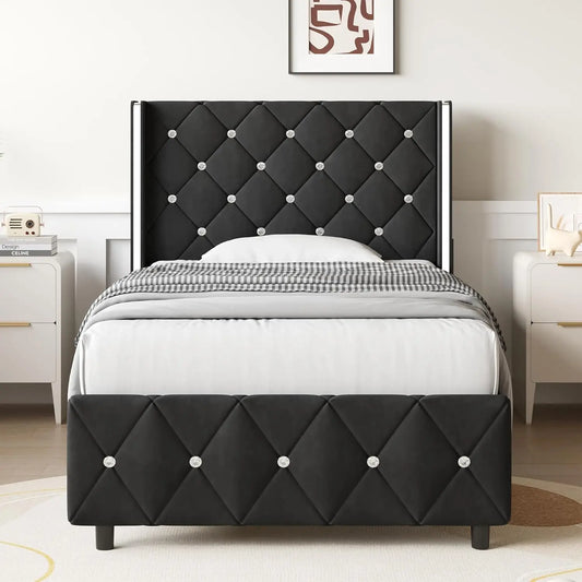 Velvet Upholstered Bed Frame with Wingback and Diamond Headboard