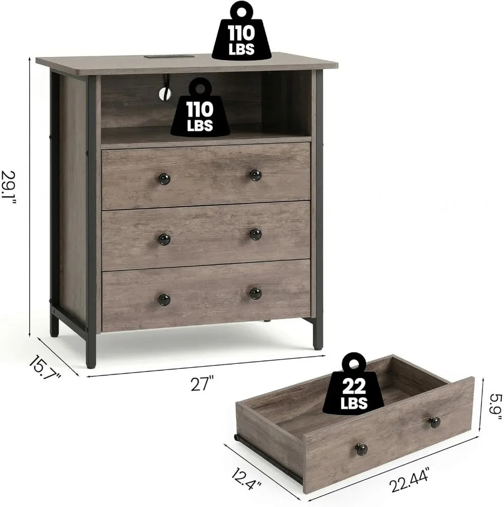 Large Nightstand with Charging Station & LED Lights