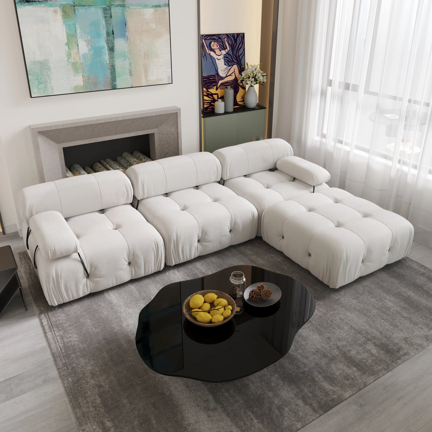 Modern L-Shaped Velvet Couch with Reversible Ottoman