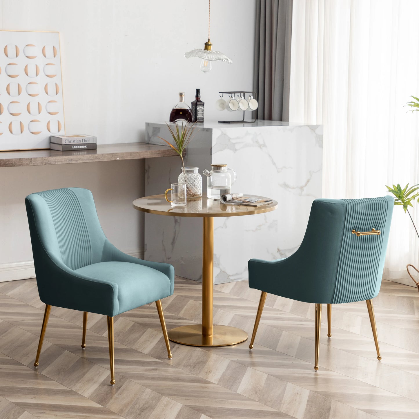 Modern Glam Vanity Buckle Pleated Velvet Dining Chair with Rear Handle