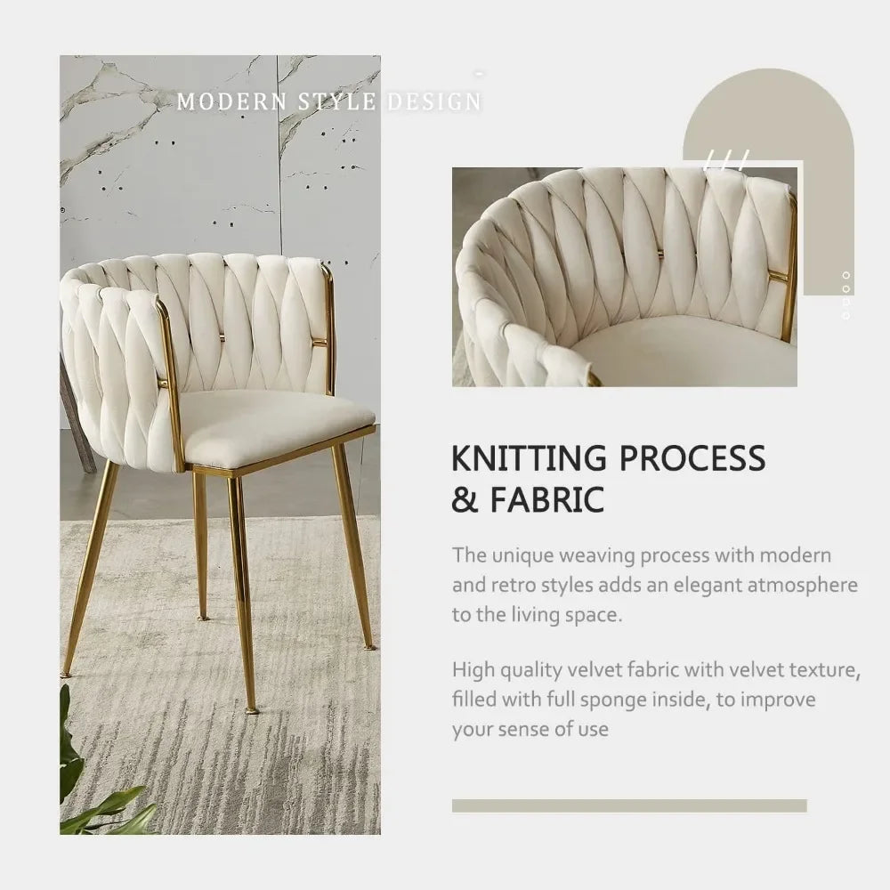 Dining Room Woven Velvet Upholstered Chairs with Golden Metal Legs
