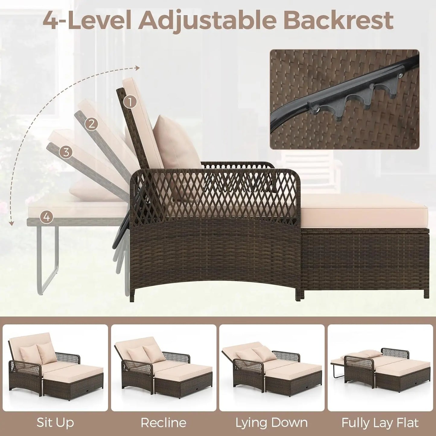 Rattan Daybed Loveseat with Adjustable Backrest & Ottoman and Zipped Cushion