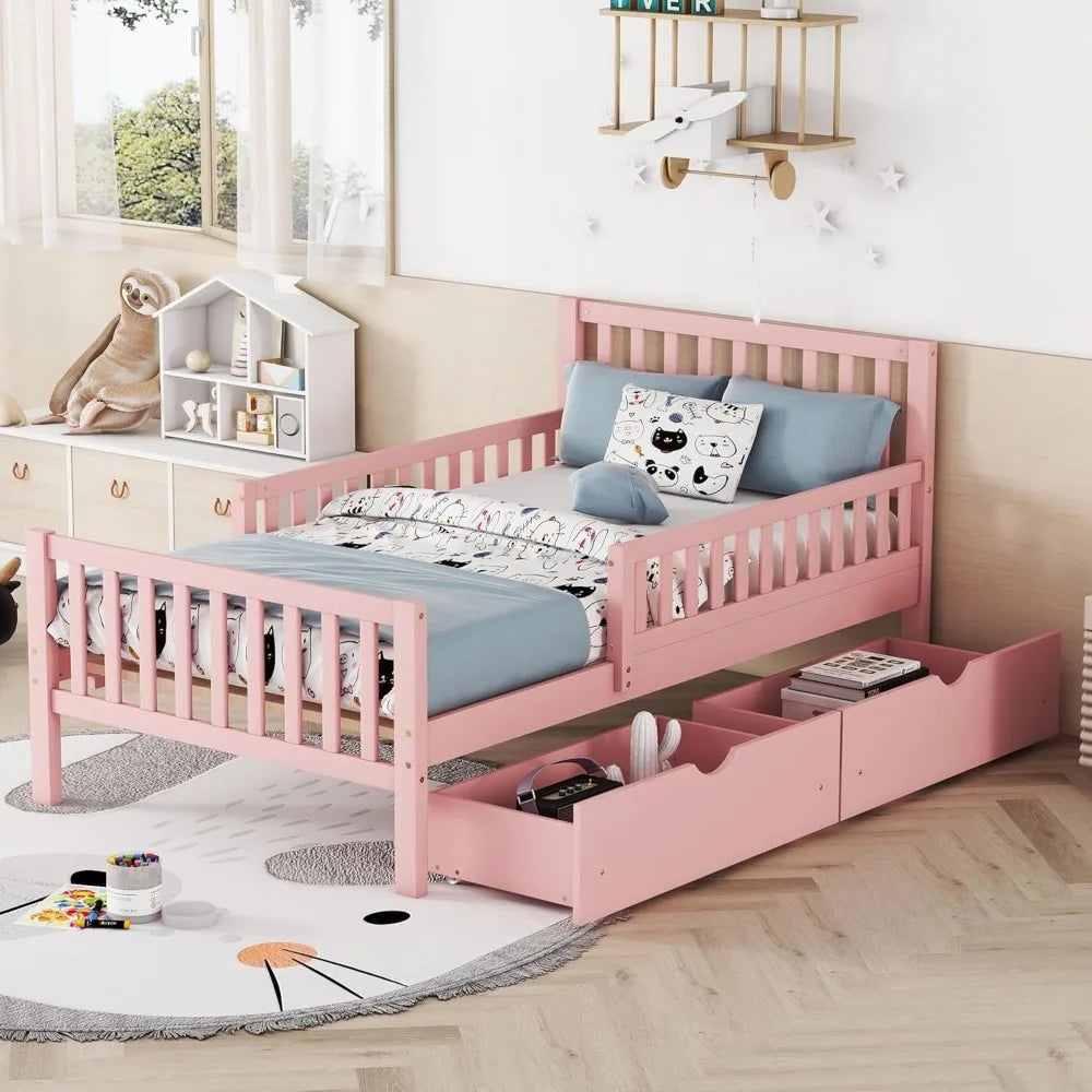 Twin Bed with Guardrails and Low Platform