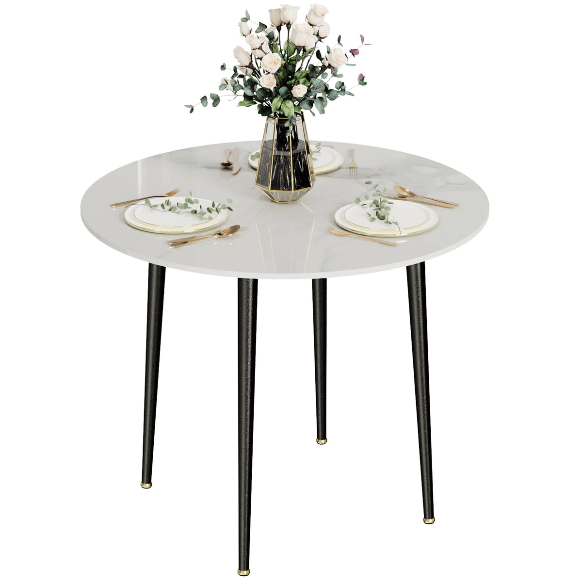 Sintered Stone Round Dining Table with Black Metal Legs