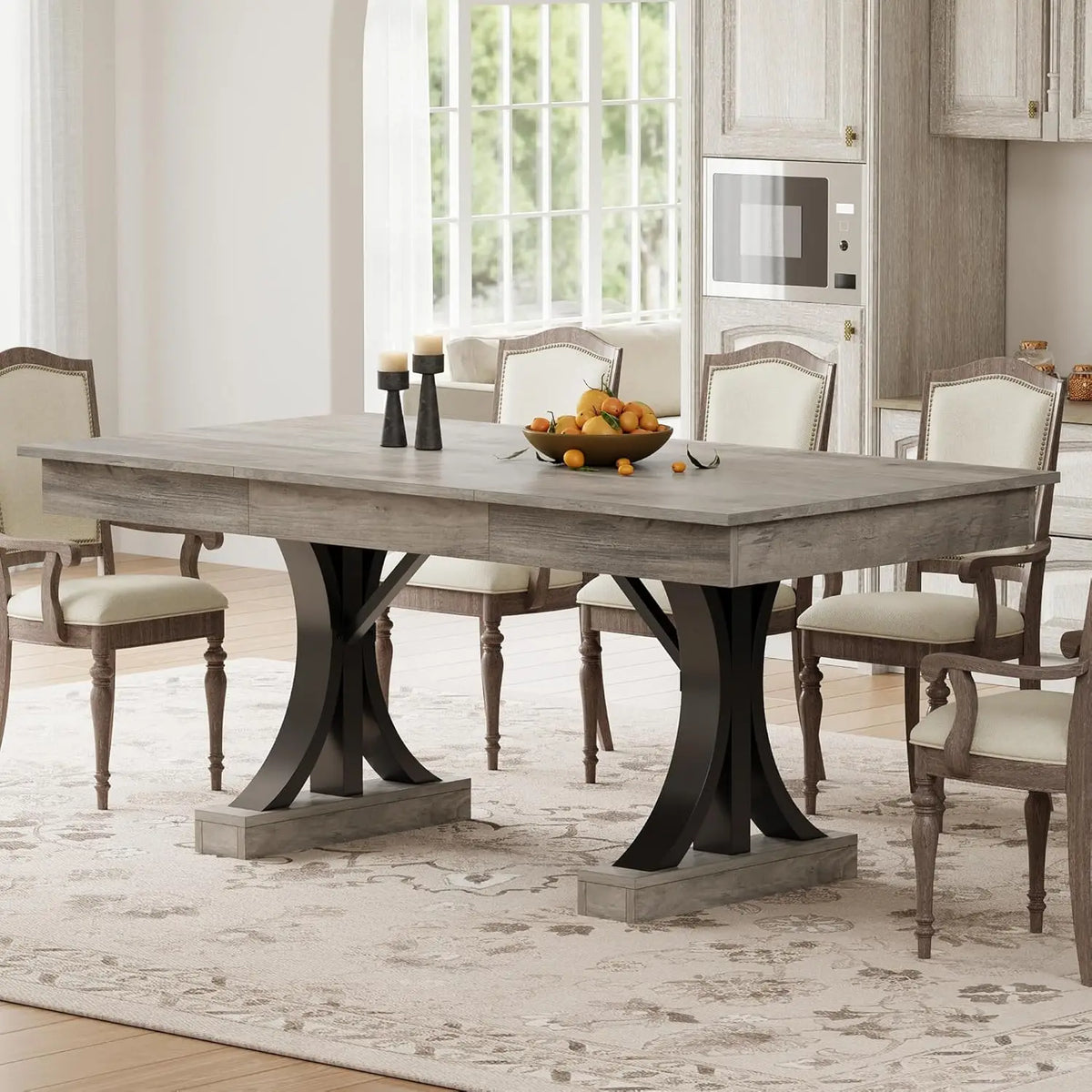 Industrial Double Pedestal Base Rectangular Wooden Table