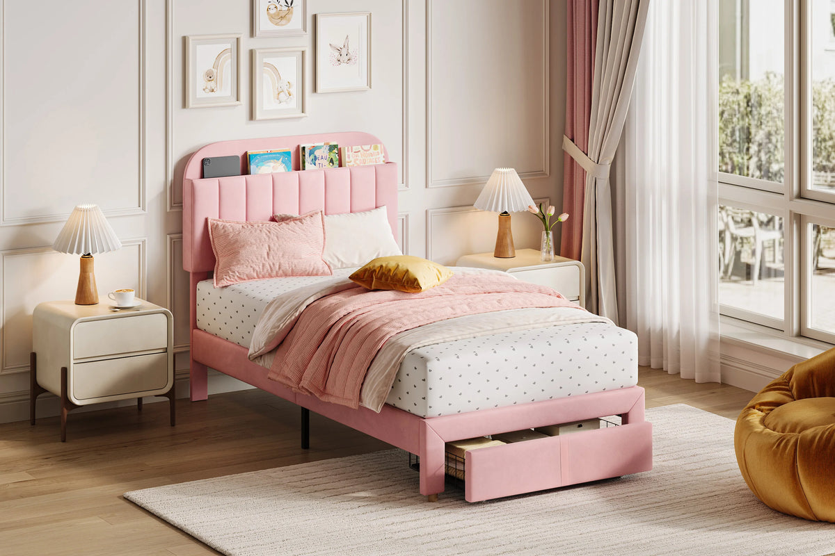 Twin Bed Frame with Bookcase Headboard & Storage Drawer