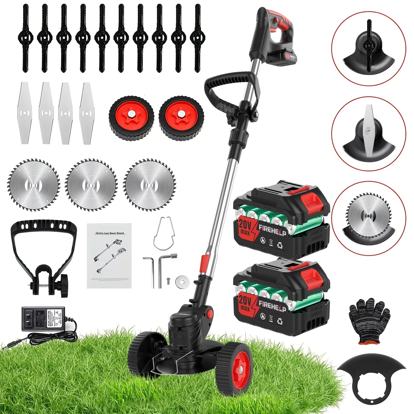 Portable household cordless electric lawn mower, garden weeder & cordless trimmer.