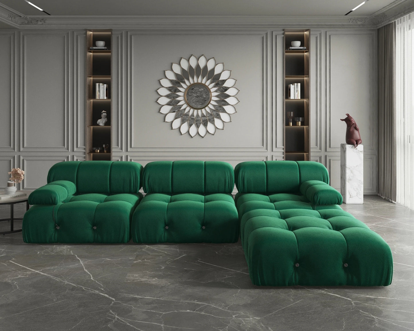 Modern L-Shaped Velvet Couch with Reversible Ottoman