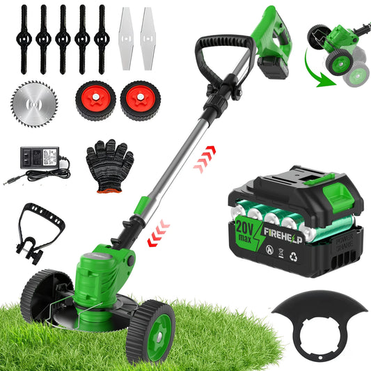 Portable household cordless electric lawn mower, garden weeder & cordless trimmer.