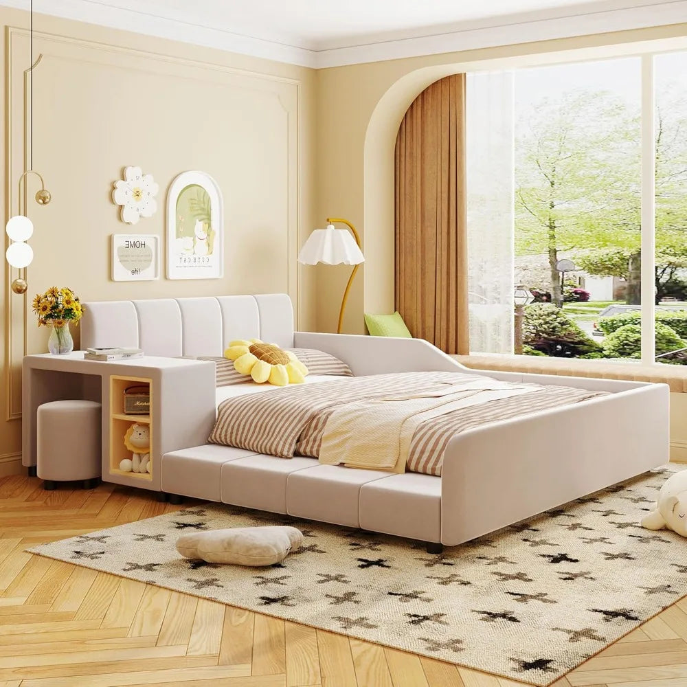 Upholstered Grounded Wood Platform Bedside Desk and Little Round Stool