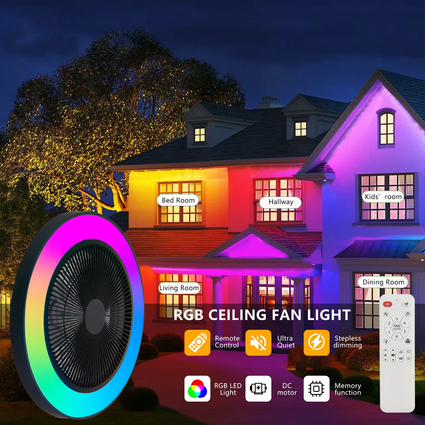 LED Ceiling Fan Light Smart RGB Lights with Remote