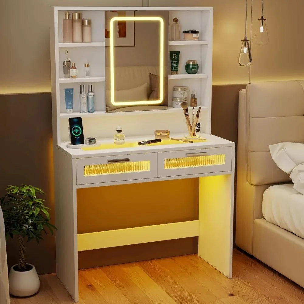 LED Vanity Desk with Mirror, Lights, Drawers & Charging Station
