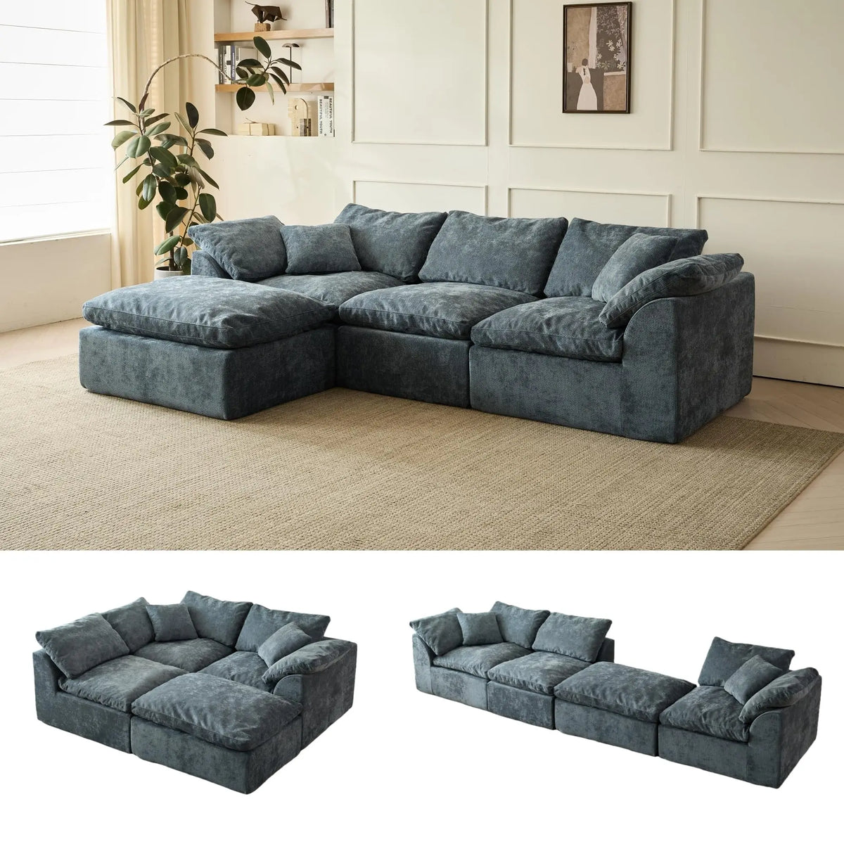 Modern Oversized Deep Seat Chenille Fabric Cloud L-Shaped Sofa