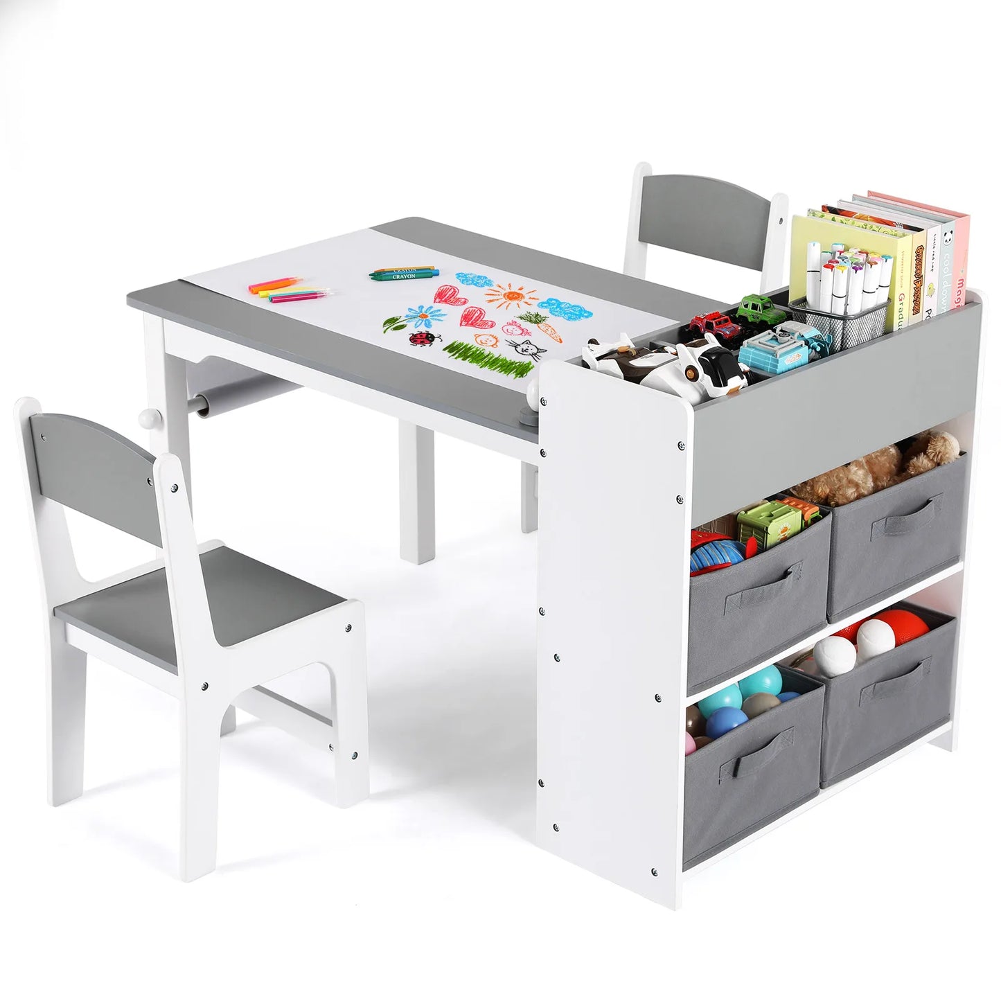 Craft Table with Storage Shelves, Canvas Bins and Paper Roll