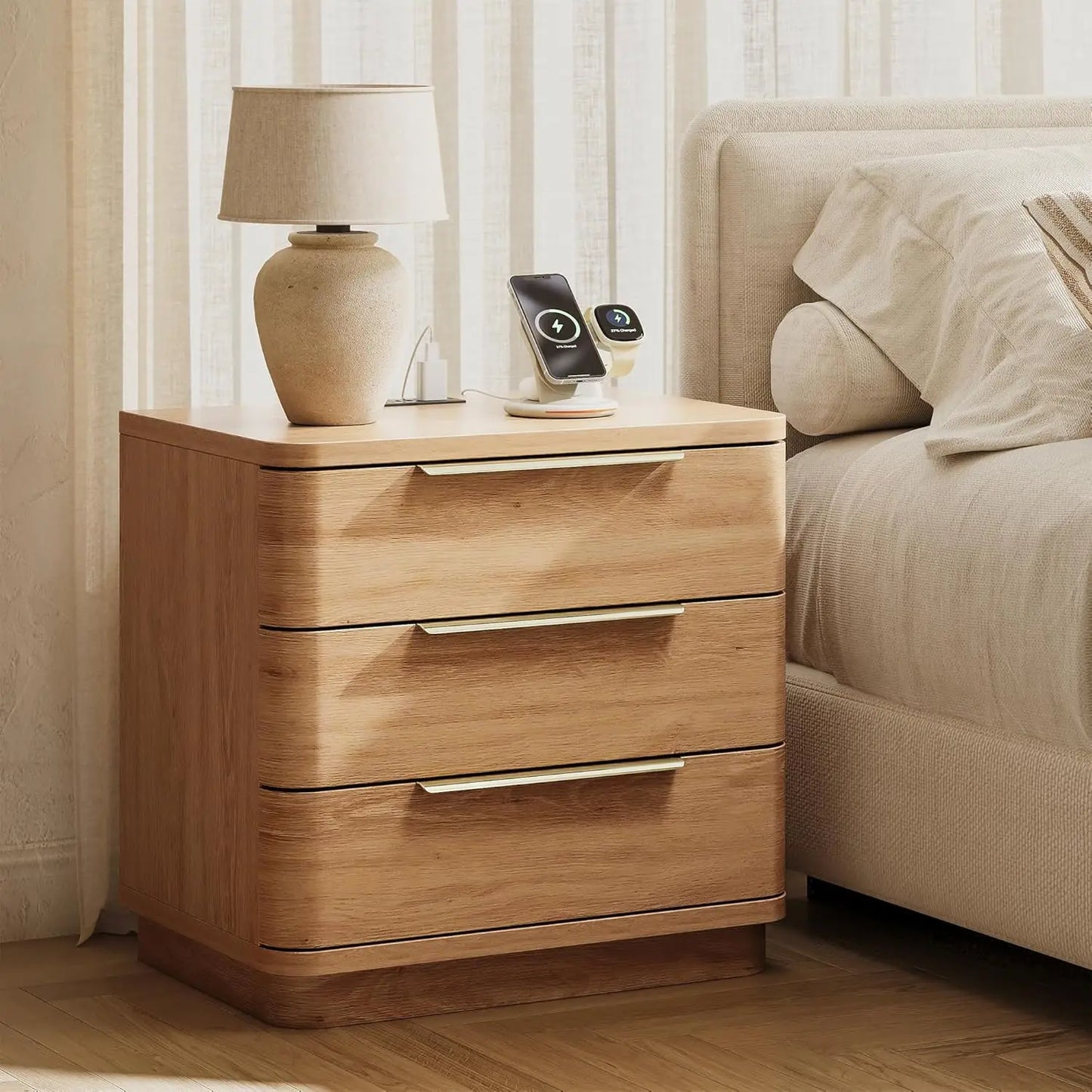 Natural Wood Nightstand with Drawers and Charging Station
