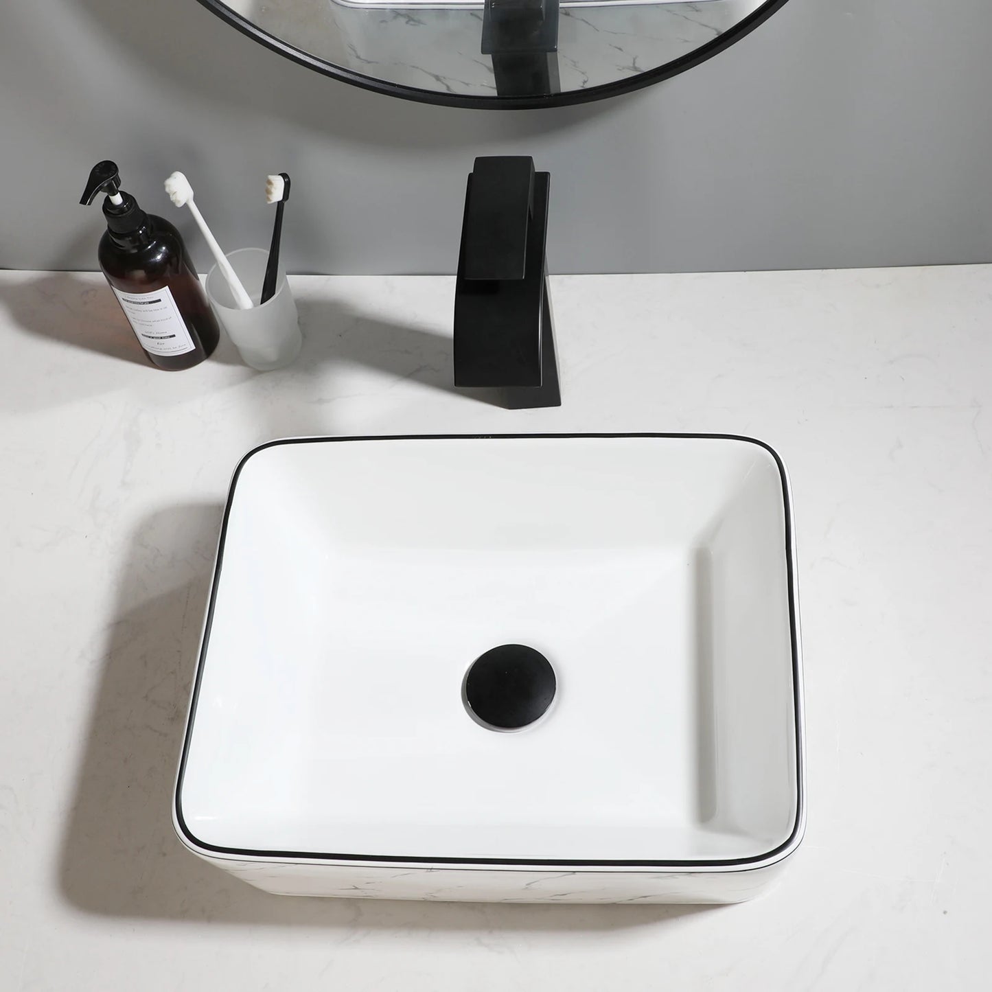 Ceramic White Vessel Sink with Black Trim