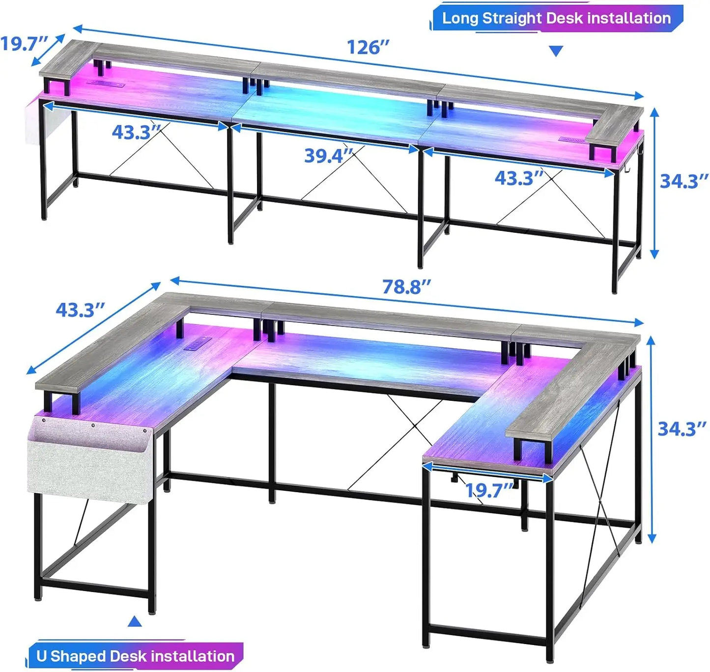 U Shaped Desk with Monitor Stand Storage Shelves