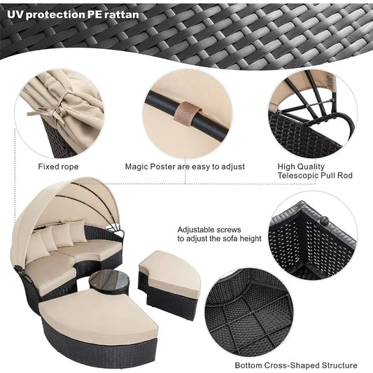 Patio Furniture Round Daybed with Retractable Canopy
