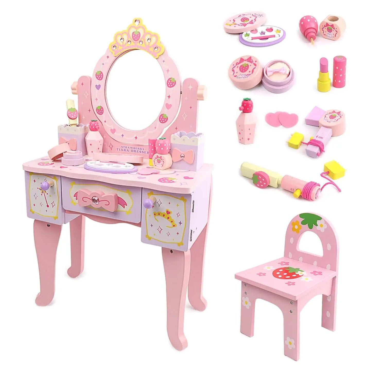 Strawberry Vanity Desk with Drawers and 360° Rotating Mirror