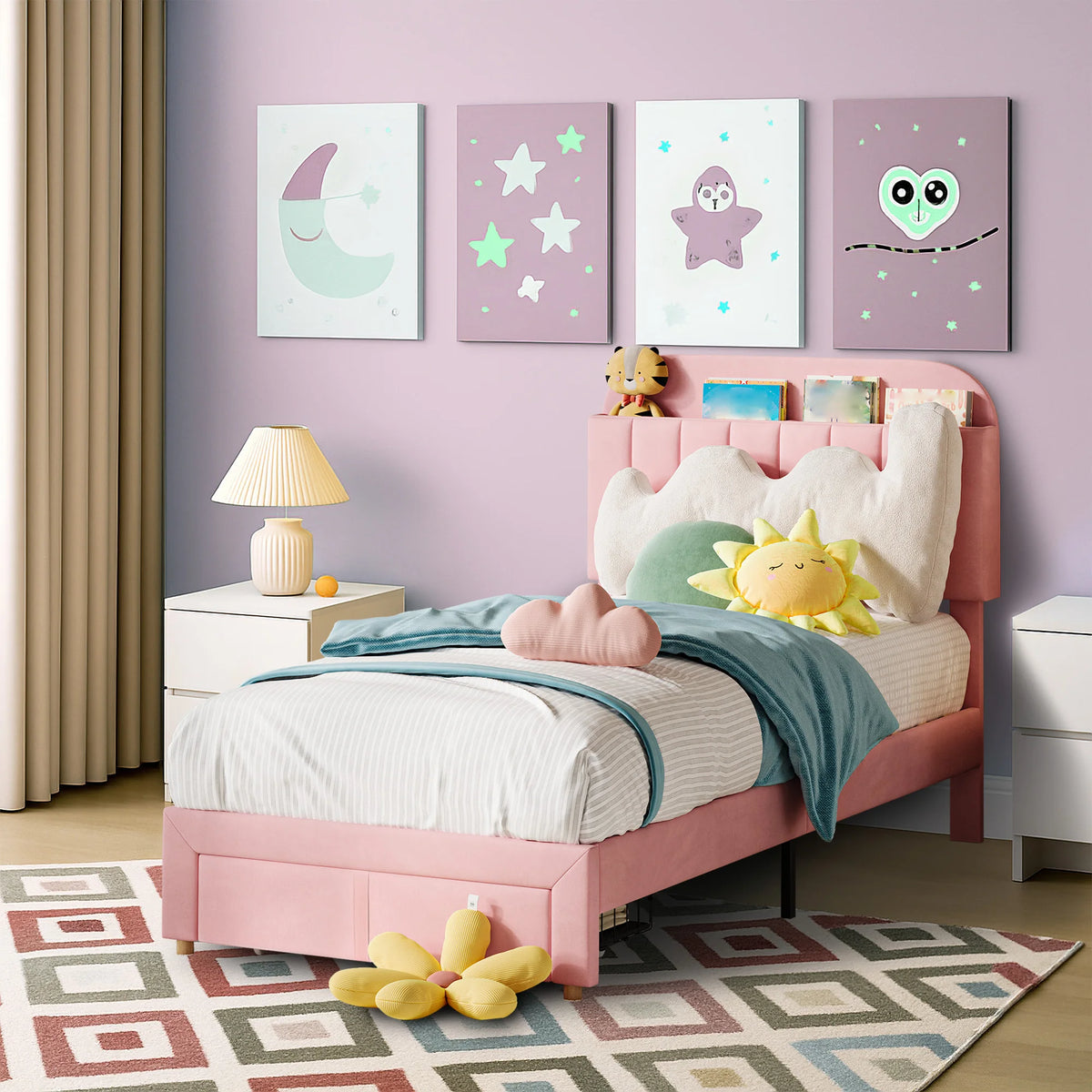 Twin Bed Frame with Bookcase Headboard & Storage Drawer