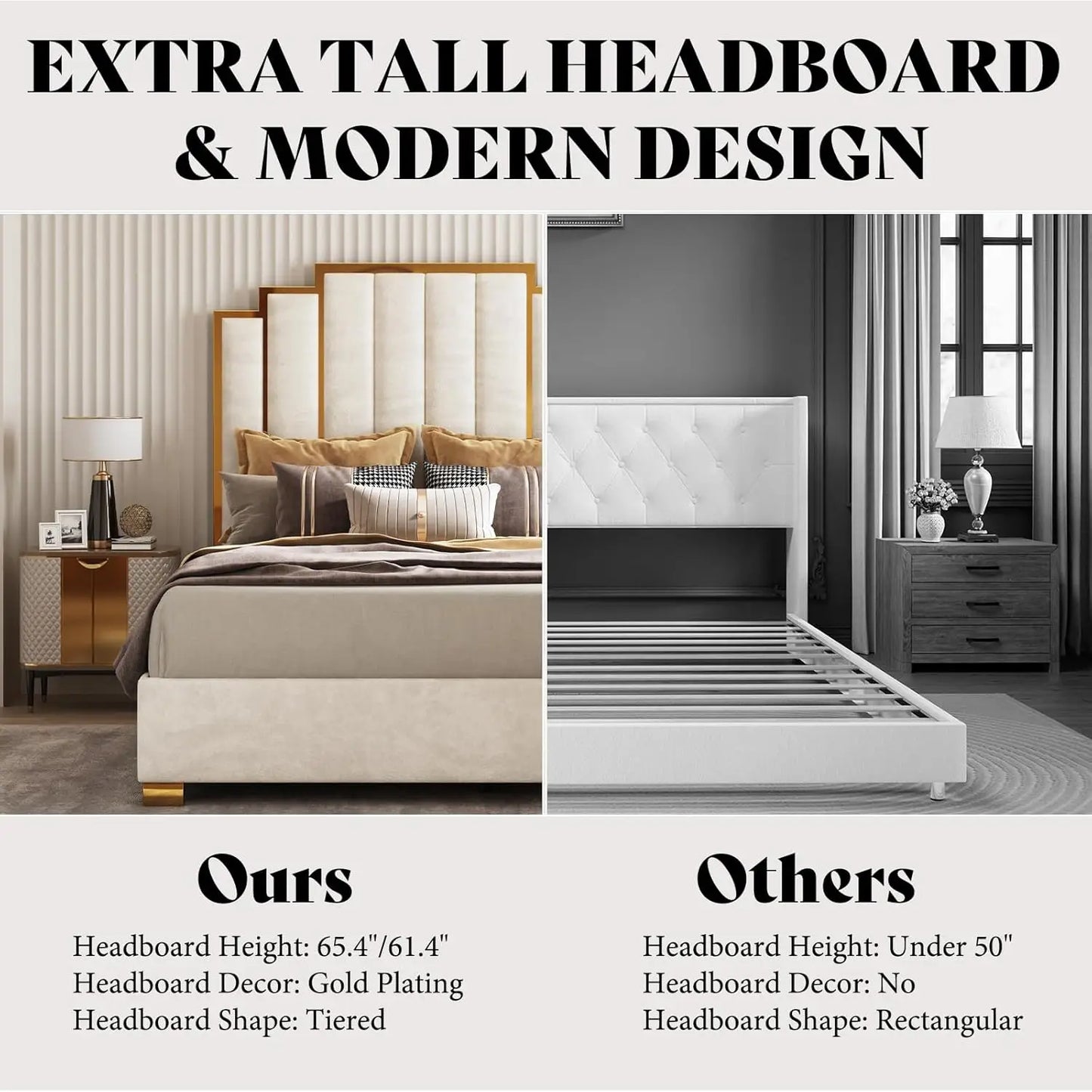 Upholstered Velvet Platform Bed with Gold Trim Headboard