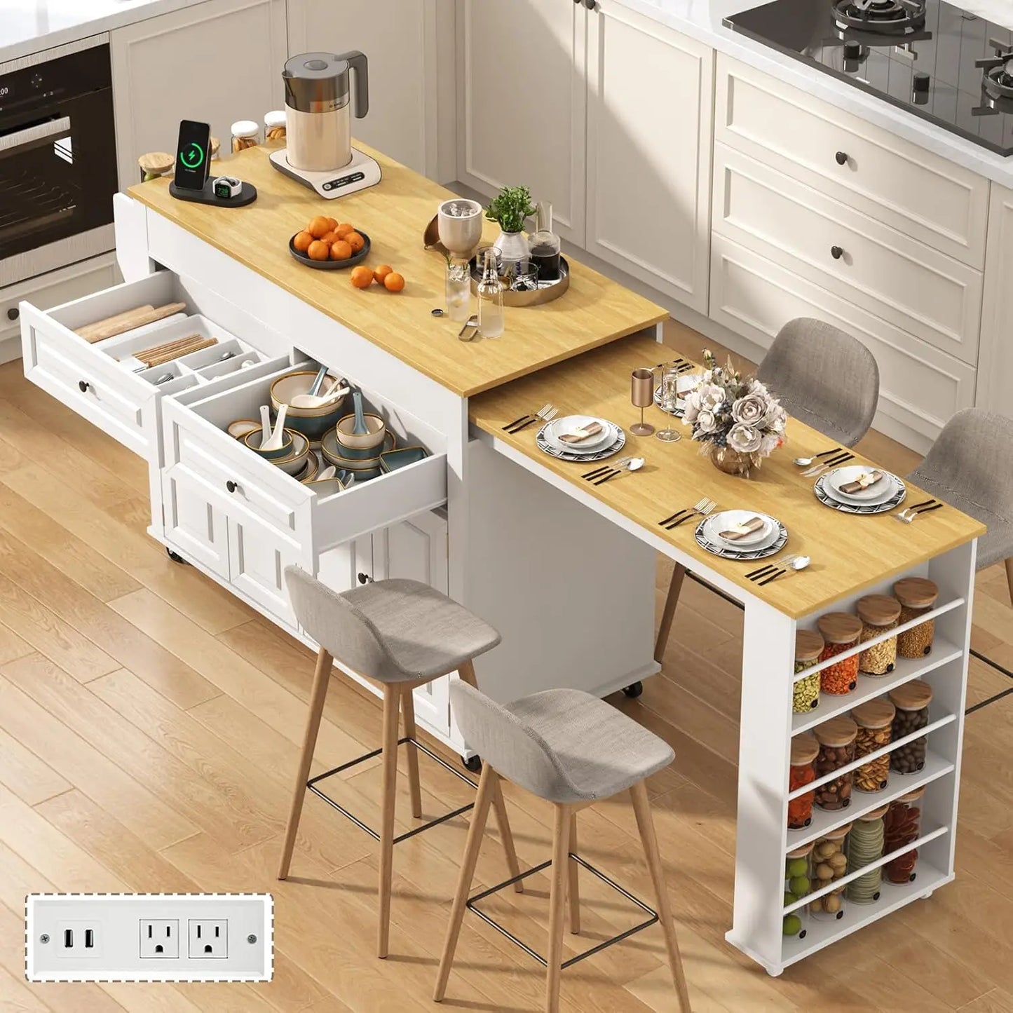 Large Mobile Extendable Dining Table and Power Outlet