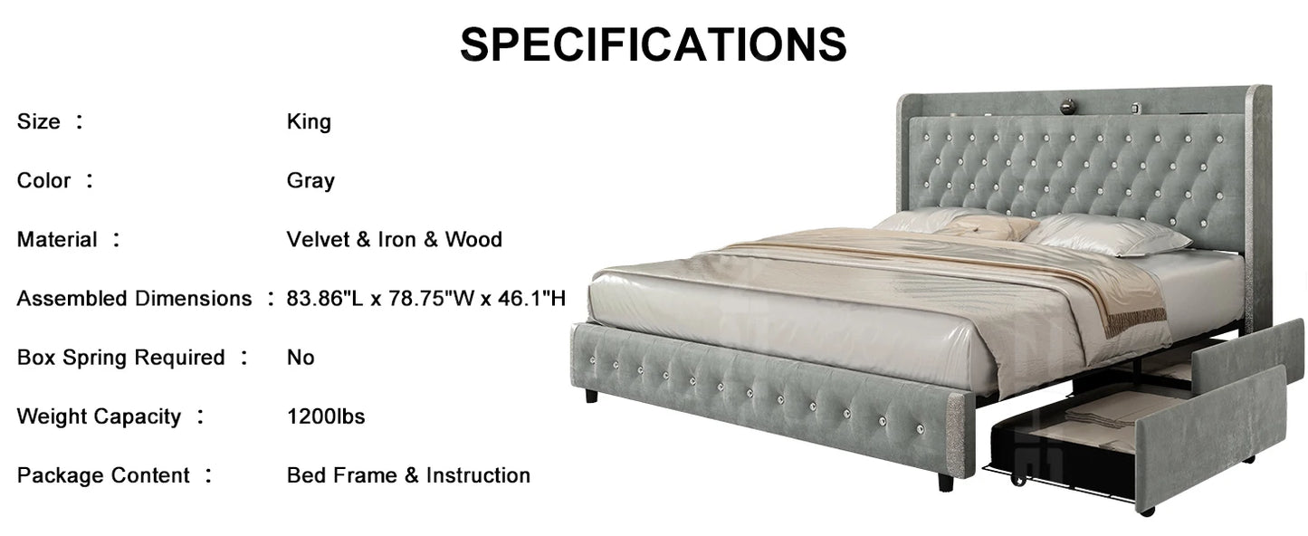 Bed Frame, Galaxy Projector, Bluetooth Speaker, USB Ports, 4 Drawers, No Box Spring Needed