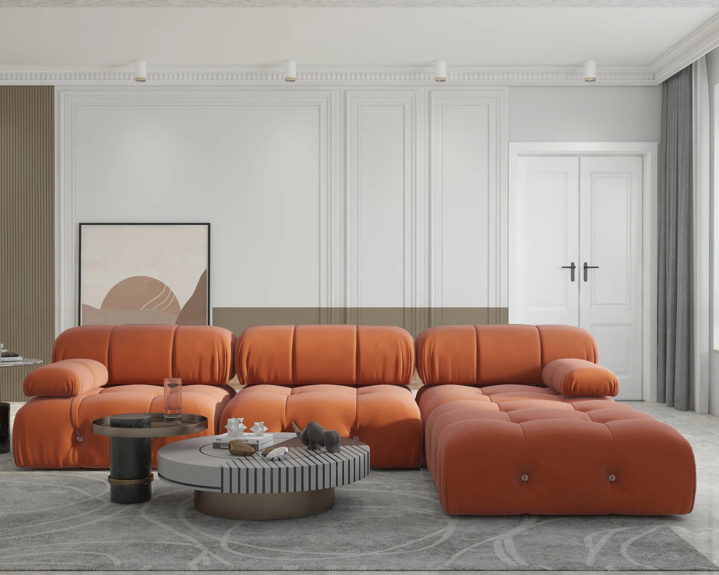 Modern L-Shaped Velvet Couch with Reversible Ottoman