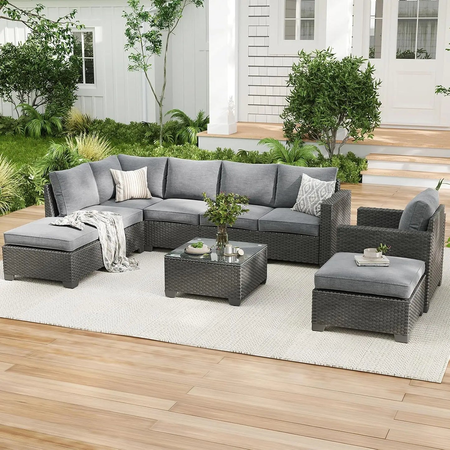 Patio Sectional Sofa Set with Ottoman, Water/Oil/Stain-Resistant Fabric