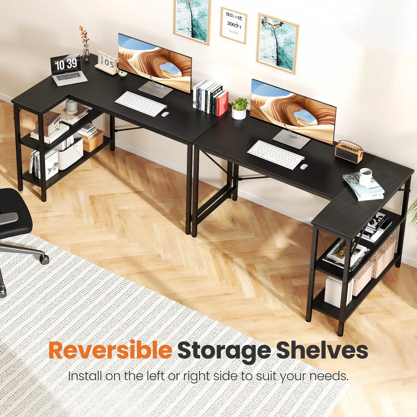 L Shaped Computer Furniture Corner Desks with Reversible Storage Shelves