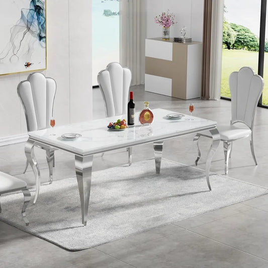 Rectangular Faux Marble Dinner Table with 4 Stainless Steel Legs
