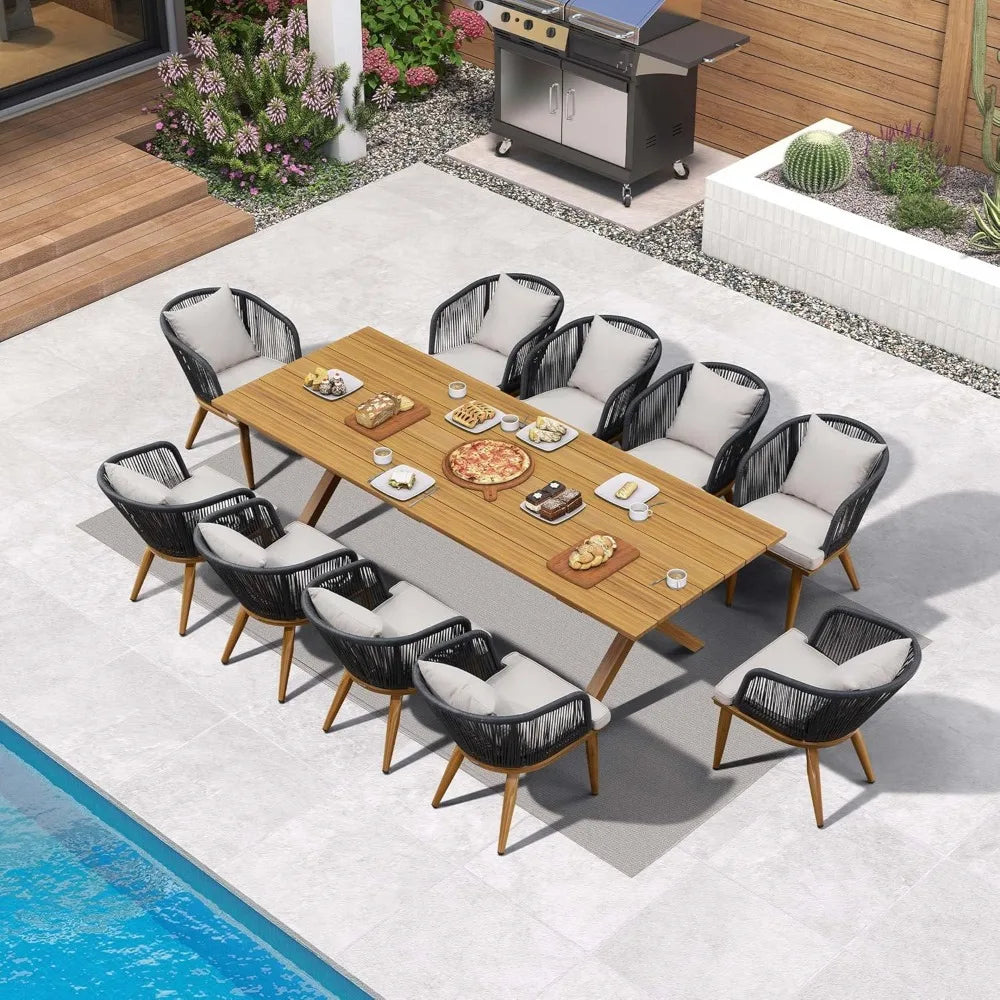 Patio Dining Set with Table and Chairs - Teak-Finish Aluminum Frame