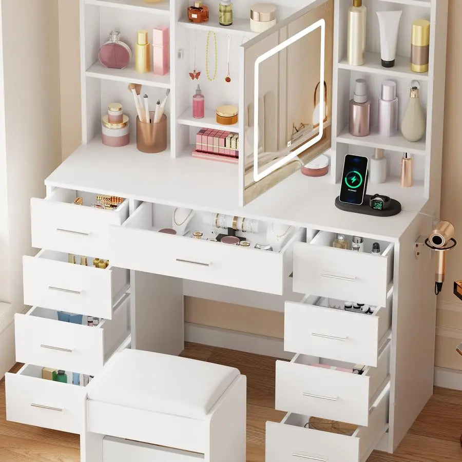 Vanity Desk with Mirror Lights, Power Outlet and Jewelry Storage