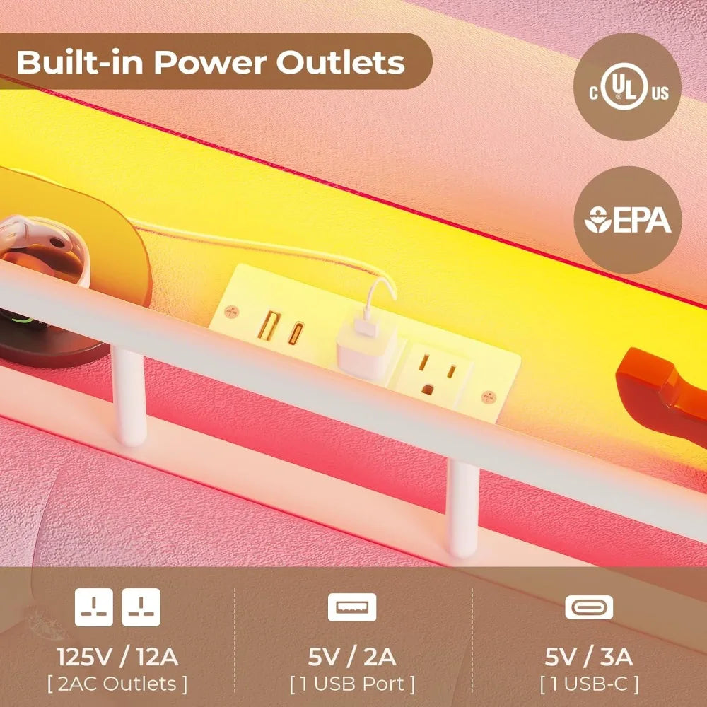 LED Princess Bed Frame with Charging Station and Velvet Upholstered Platform