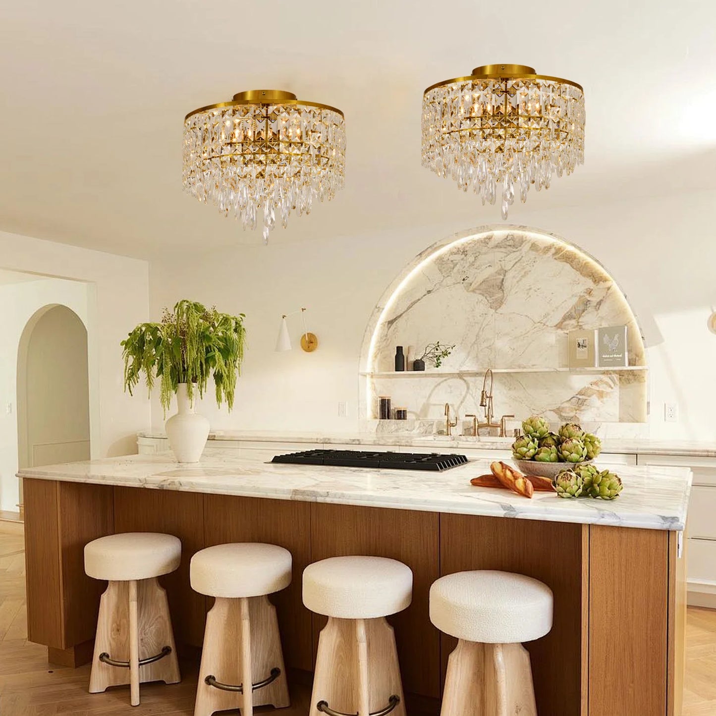 Luxury Gold Crystal Flush Mount Teardrop Crystal Chandelier