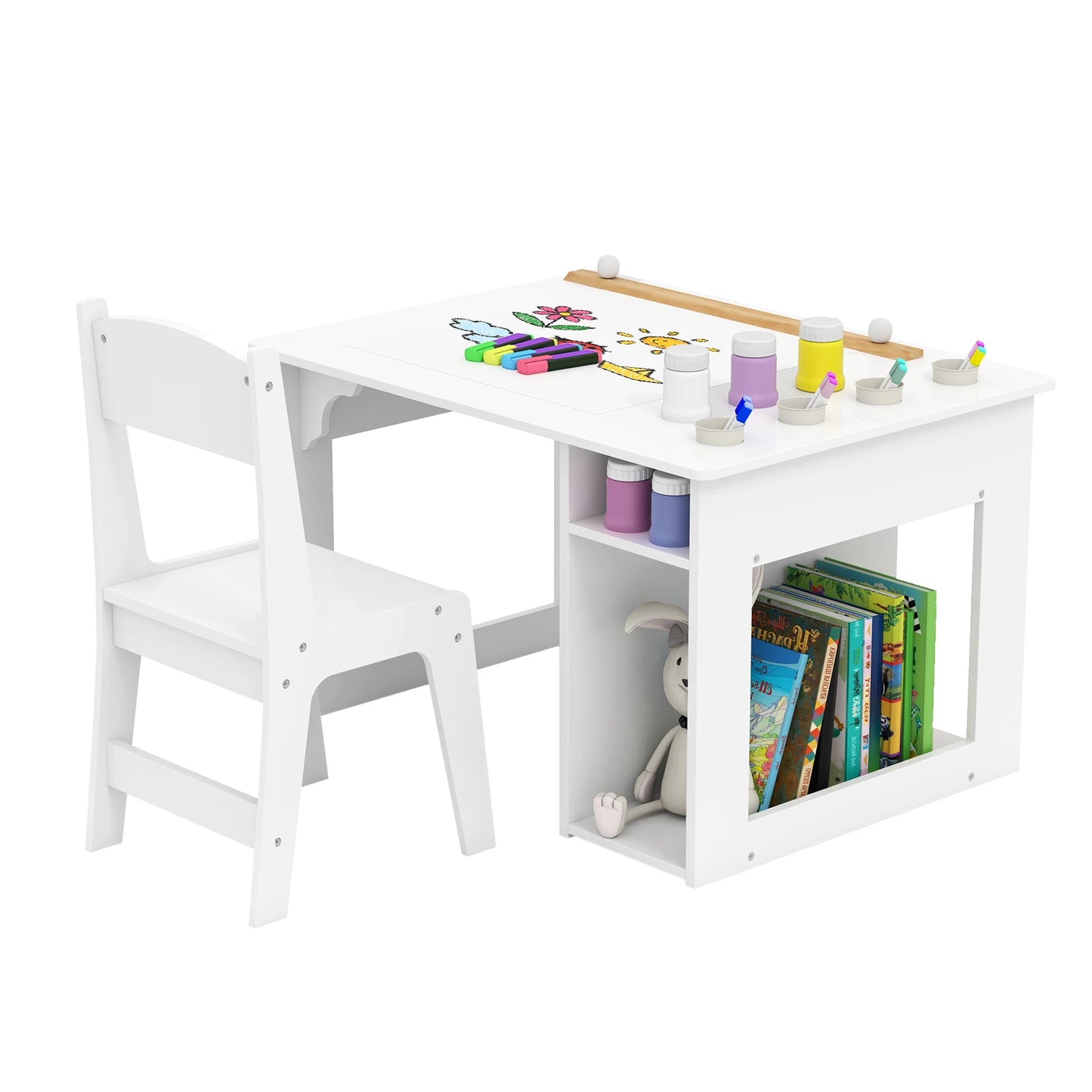 Art Table & Chair Set with Paper Roll 4 Paint Cups & 2 Storage Shelves