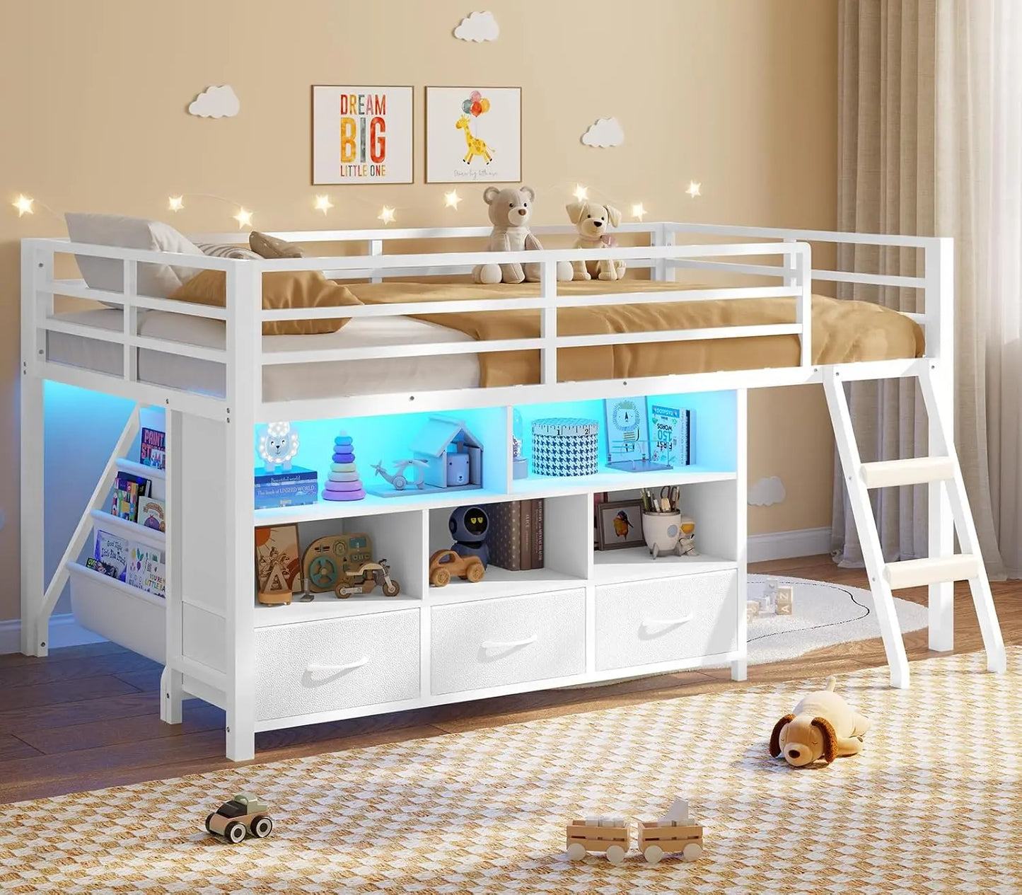 Metal Low Loft Twin Bed, Bookshelf, Cubbies, LED Guardrail, and Ladder