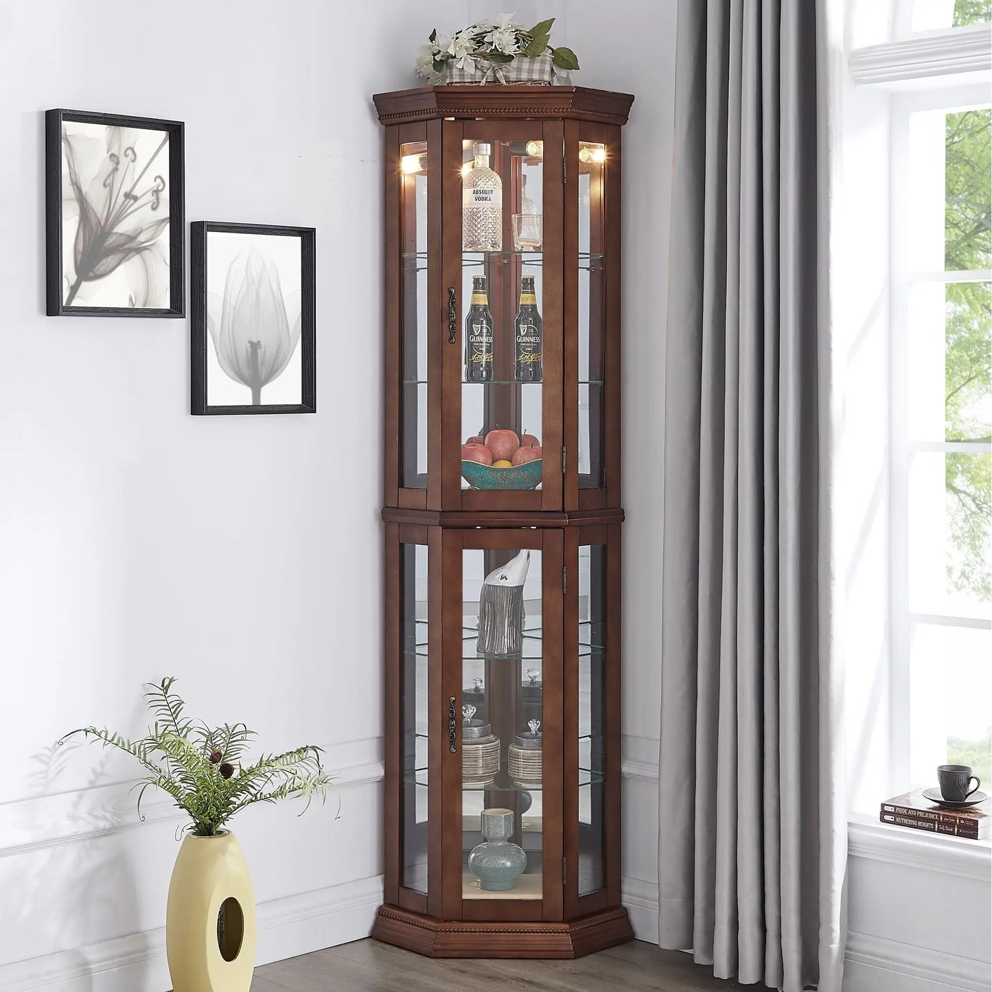 Adjustable Tempered Glass Shelves Corner Curio Cabinet with Mirrored Back E26 Light Bulb Not Included-Display & China Cabinets