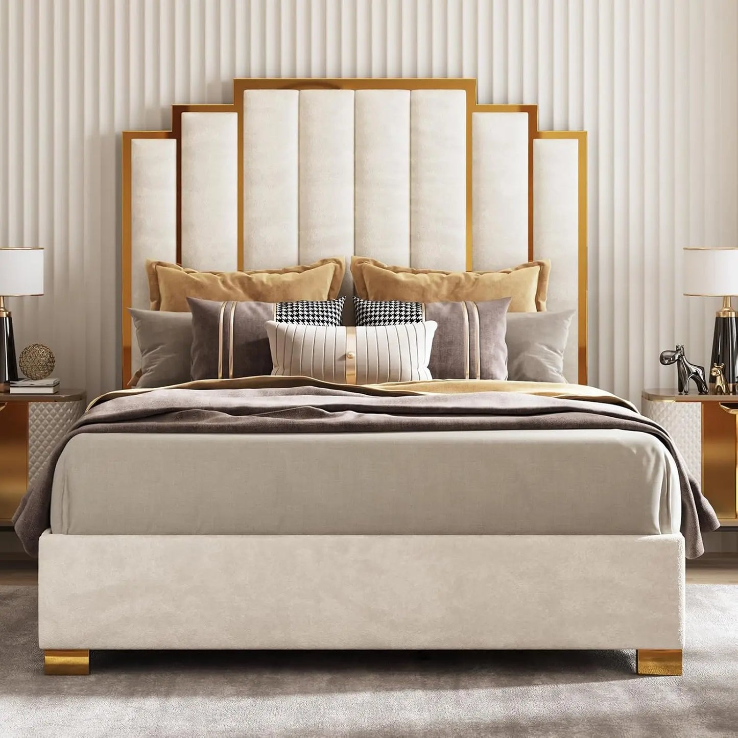 Upholstered Velvet Platform Bed with Gold Trim Headboard
