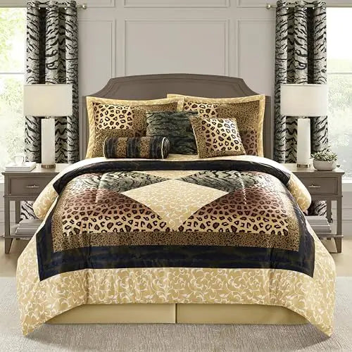 Brown Gold Leopard King Size Comforter Set with Matching Bed Skirt