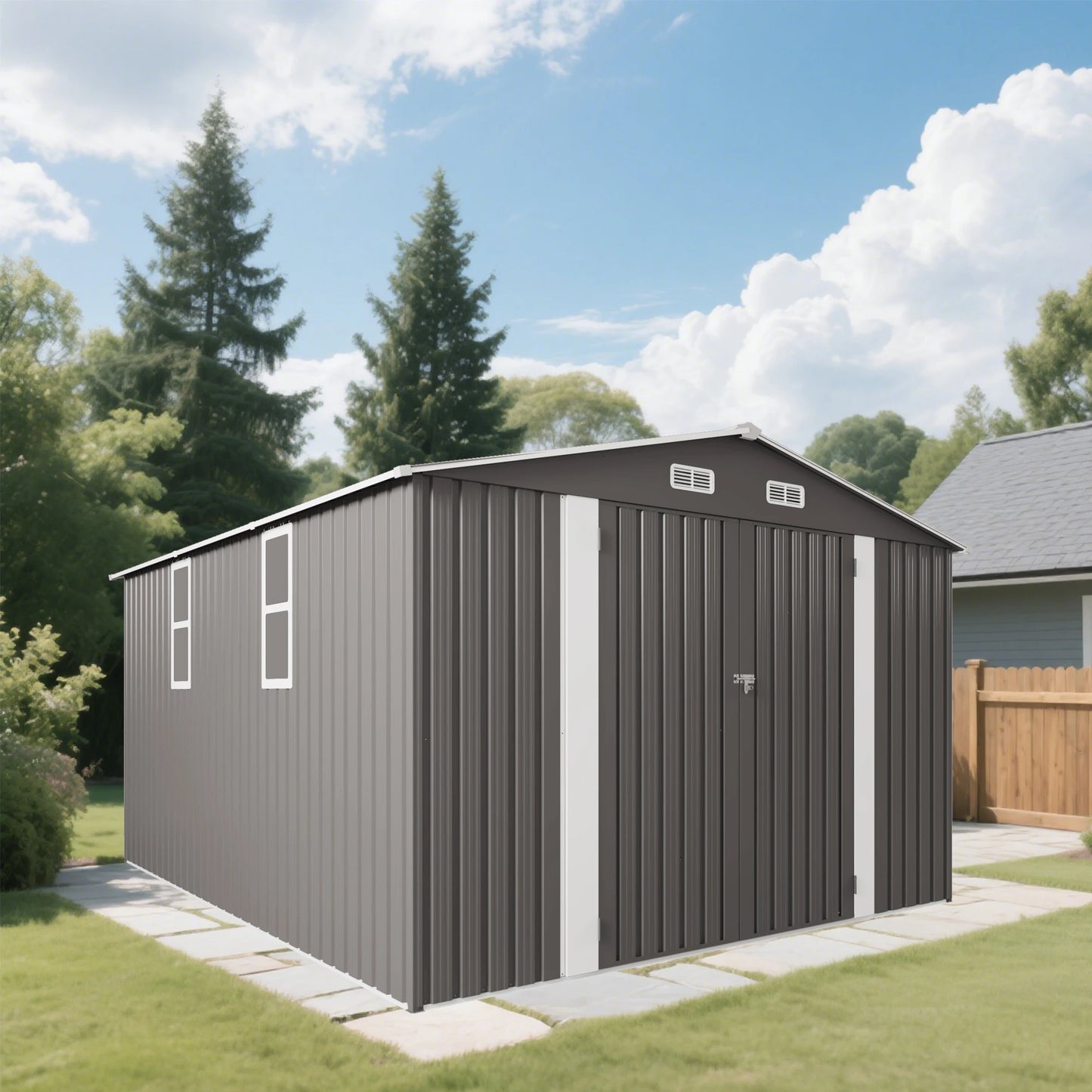 Outdoor Storage Shed - Metal Garden Shed with Double Door