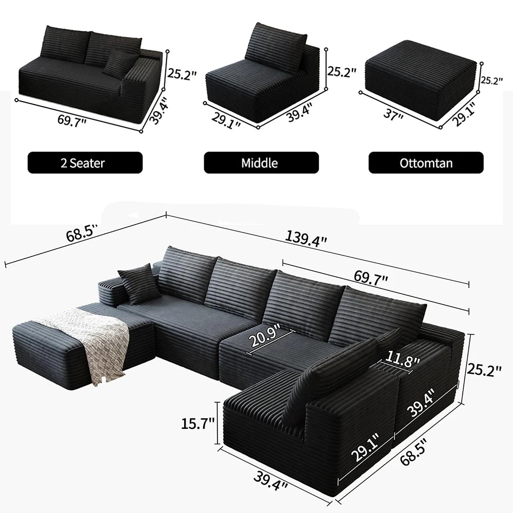 Cloud-style sectional sofa with corduroy cover