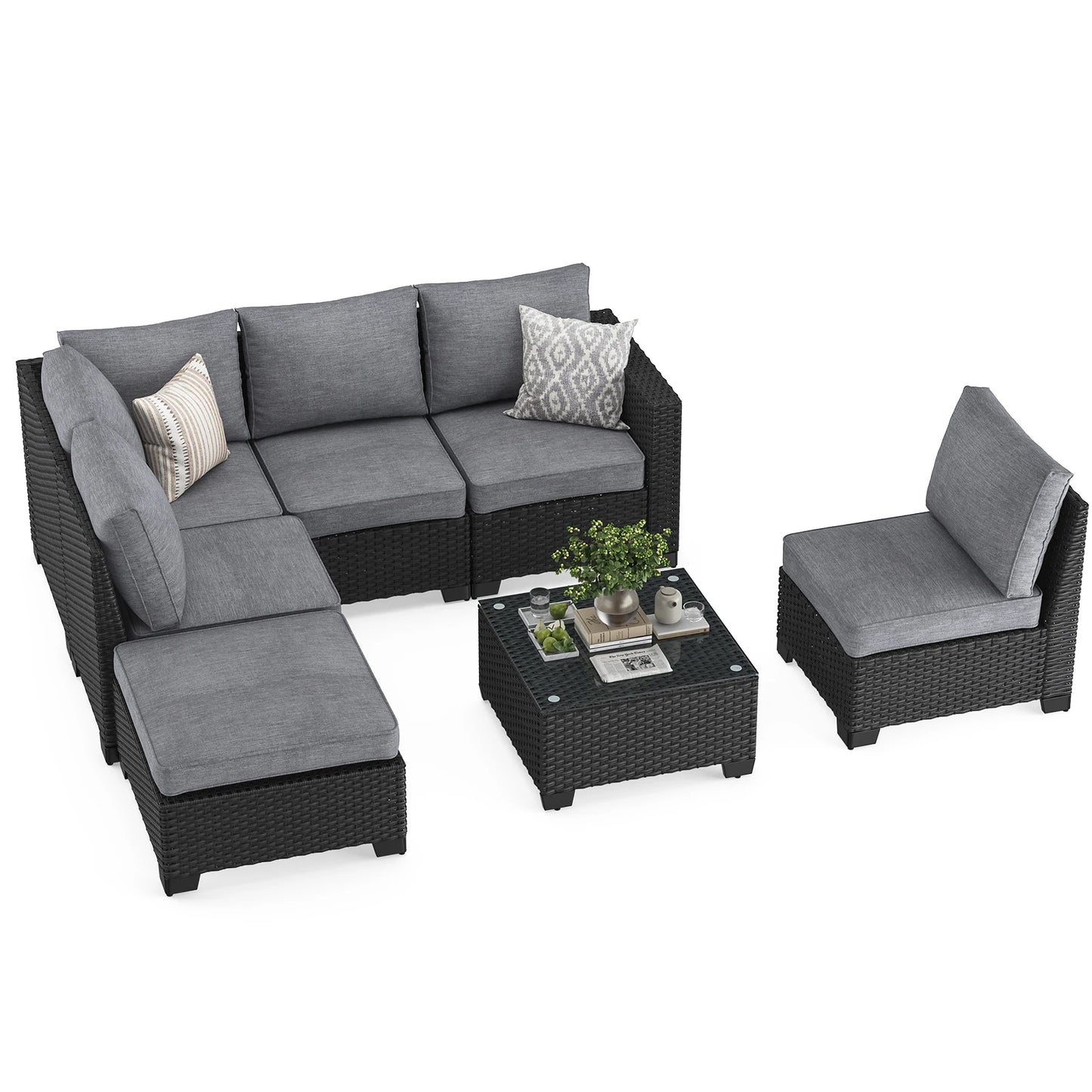 Patio Sectional Sofa Set with Ottoman, Water/Oil/Stain-Resistant Fabric