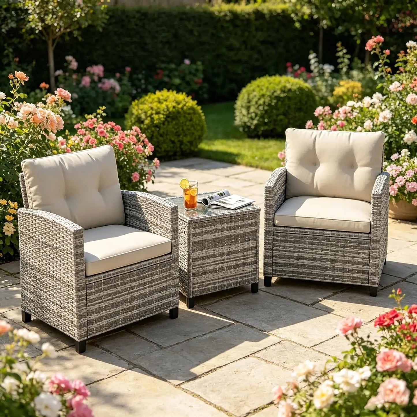 Rattan Patio Chairs and Table Set with Tempered Glass Tabletop and Cushions