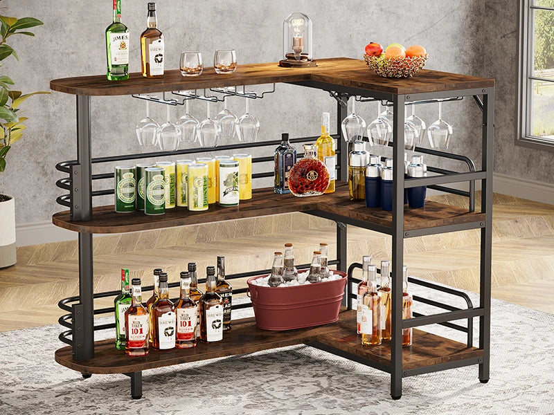 Dining Room 3 Tier Liquor Bar Table with Storage Shelves and Wine Glasses Holder