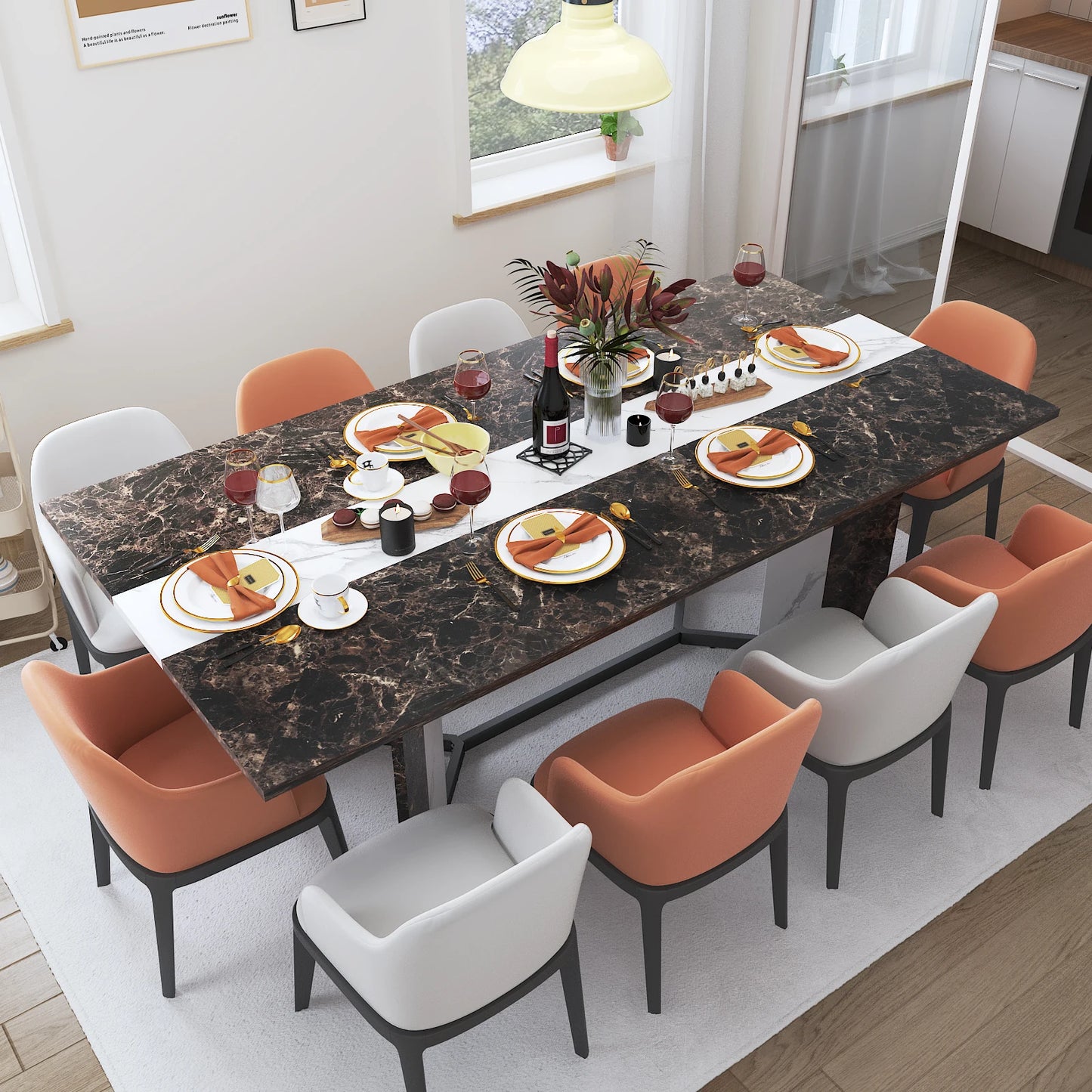 Luxurious Rectangular Dining Table w/Marble Color, Wood Tabletop, Metal Leg