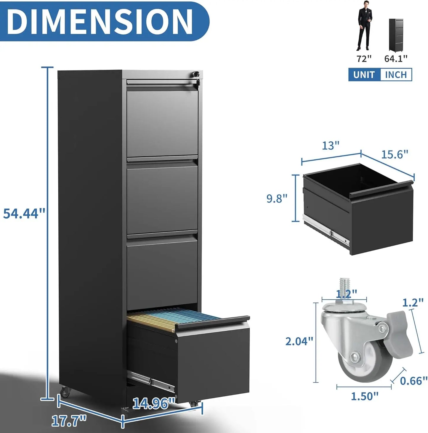 4 Drawer Mobile Metal Filing Cabinet with Lock and Wheels