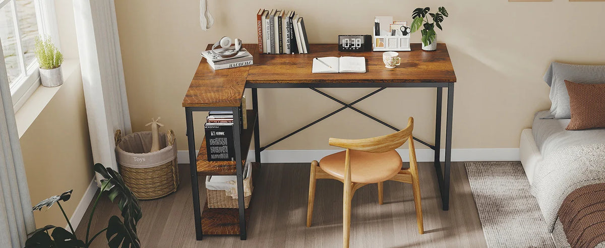 L Shaped Computer Furniture Corner Desks with Reversible Storage Shelves