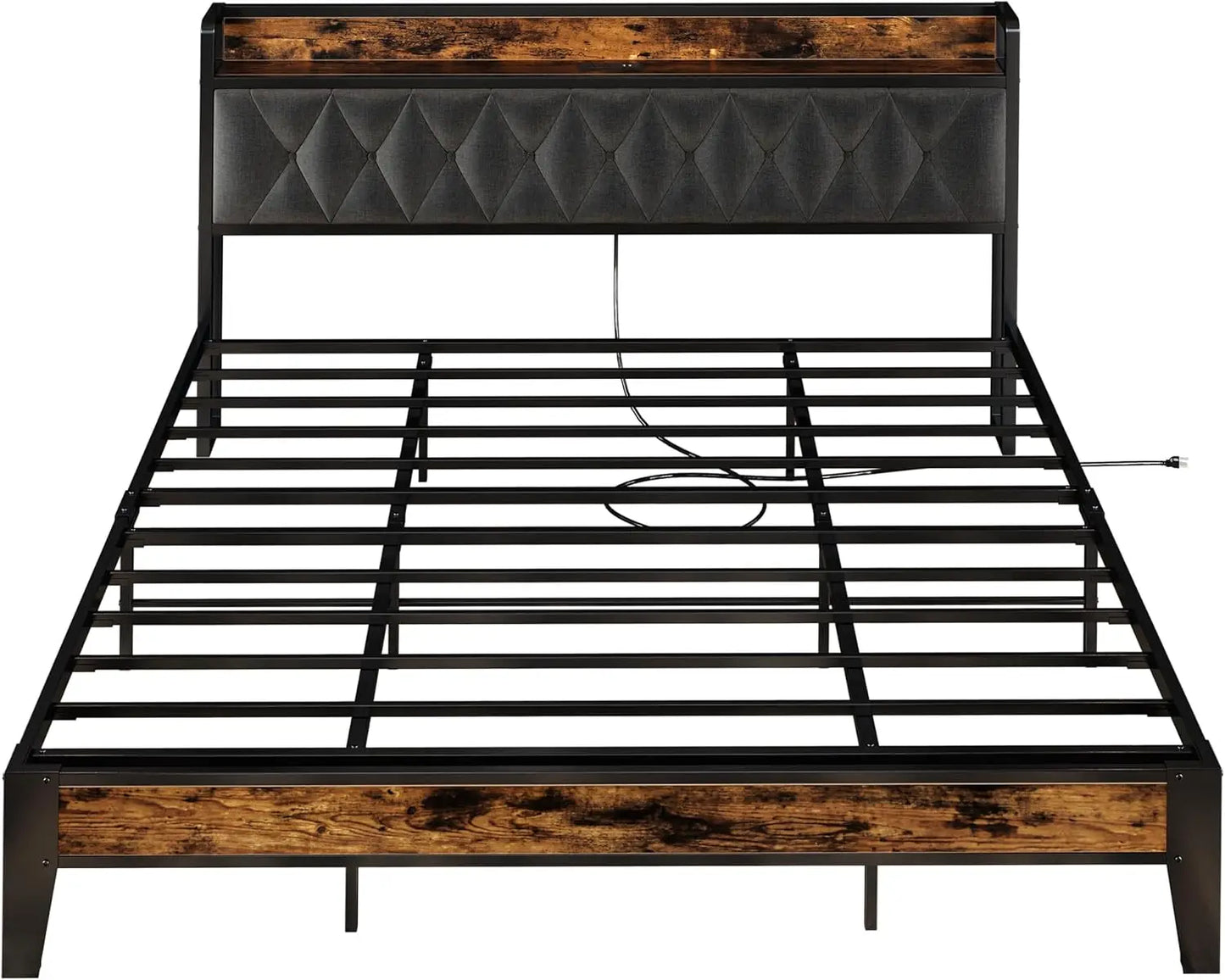 Bed Frames, Storage Headboard with Outlets, No Noise, No Box Springs Needed