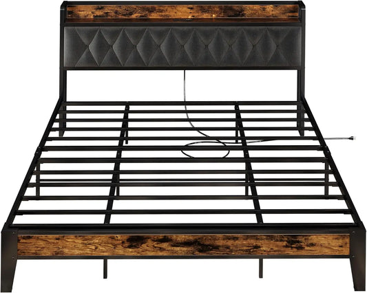 Bed Frames, Storage Headboard with Outlets, No Noise, No Box Springs Needed